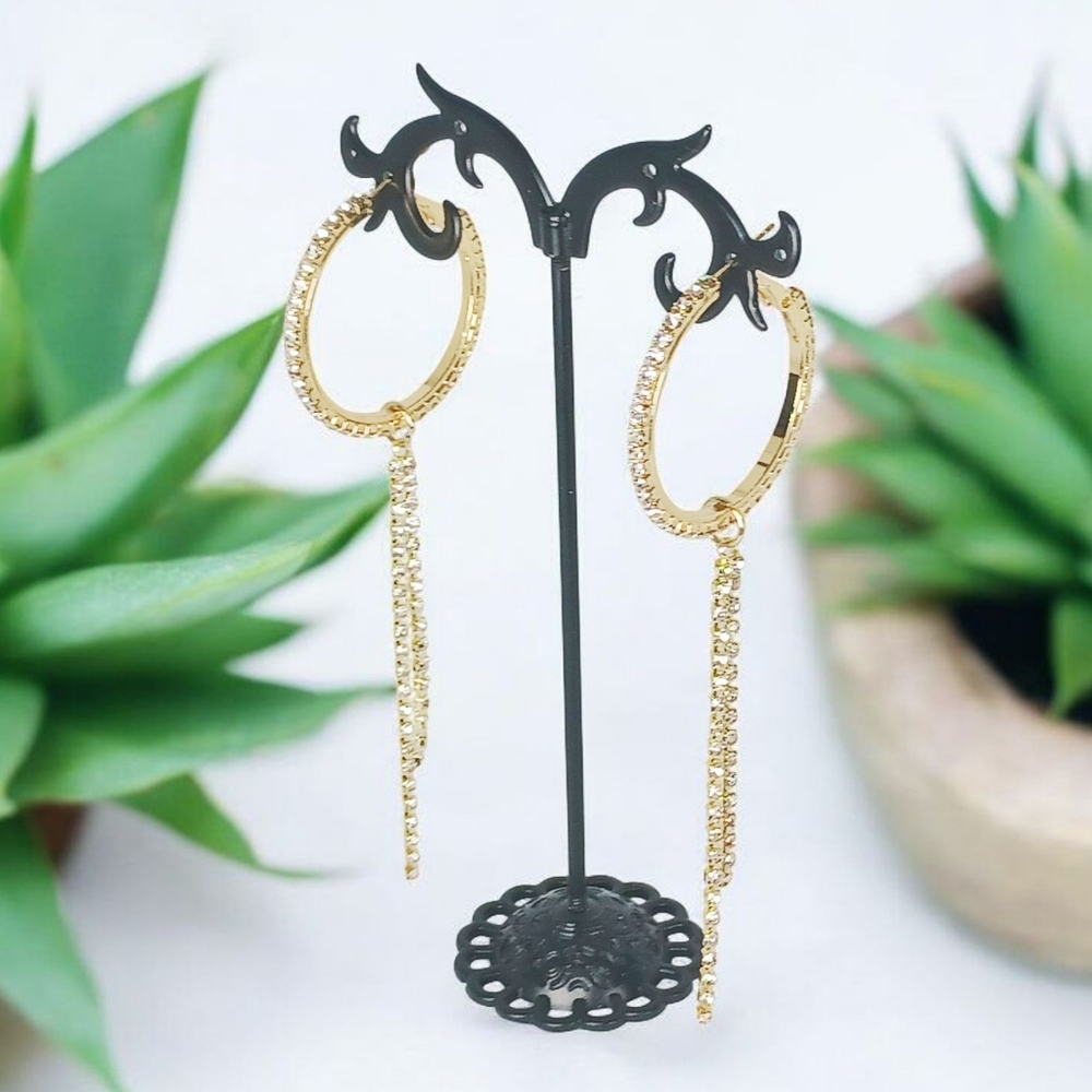 Gold Plated Sterling Silver Rhinestone Drop Hoop Earrings Fringe Vegas Showgirl - Picture 2 of 15